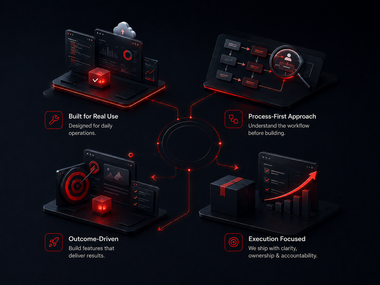 Our four principles: Built for Real Use, Process-First Approach, Outcome-Driven, and Execution Focused